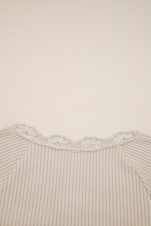 Lace Trim Button Henley Lettuce Edge Ribbed Top